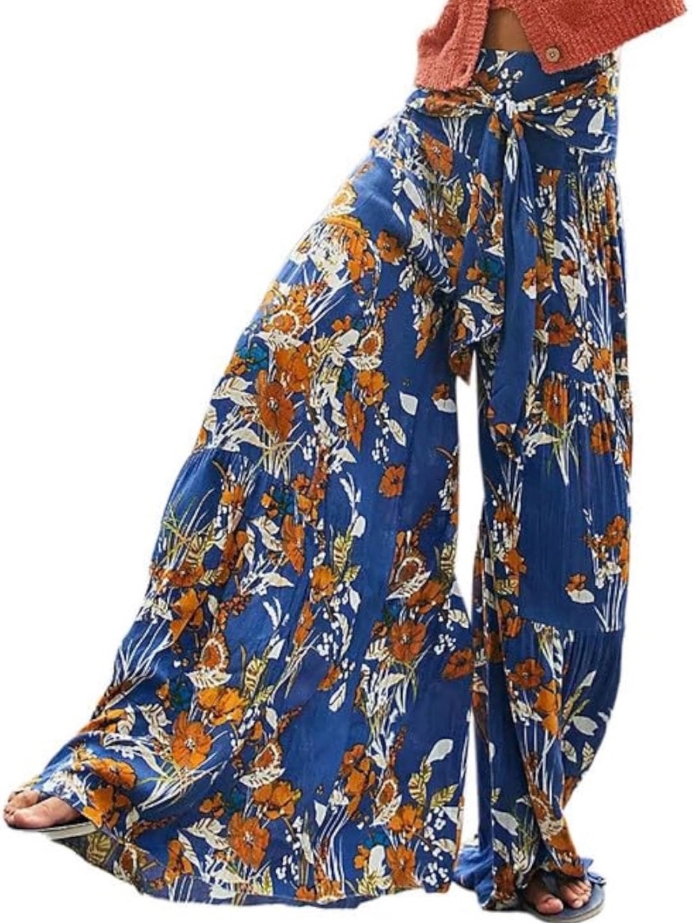 Bohemian Floral Wide-Leg Pallazo Pants - Blue/Orange